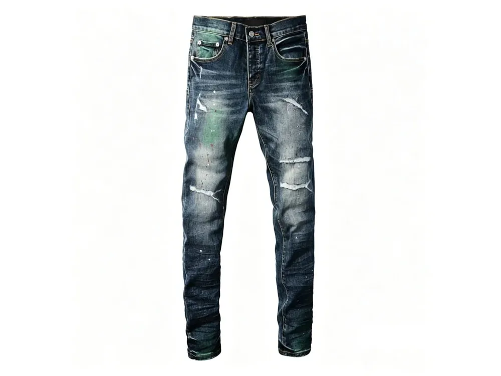 Lelaki Slim Tirus Vintaj Seluar Jeans Koyak Koyak Kecerunan Biru Hijau Merah Cat Percikan Butang Terbang High Street Fesyen Denim Pan — image 8