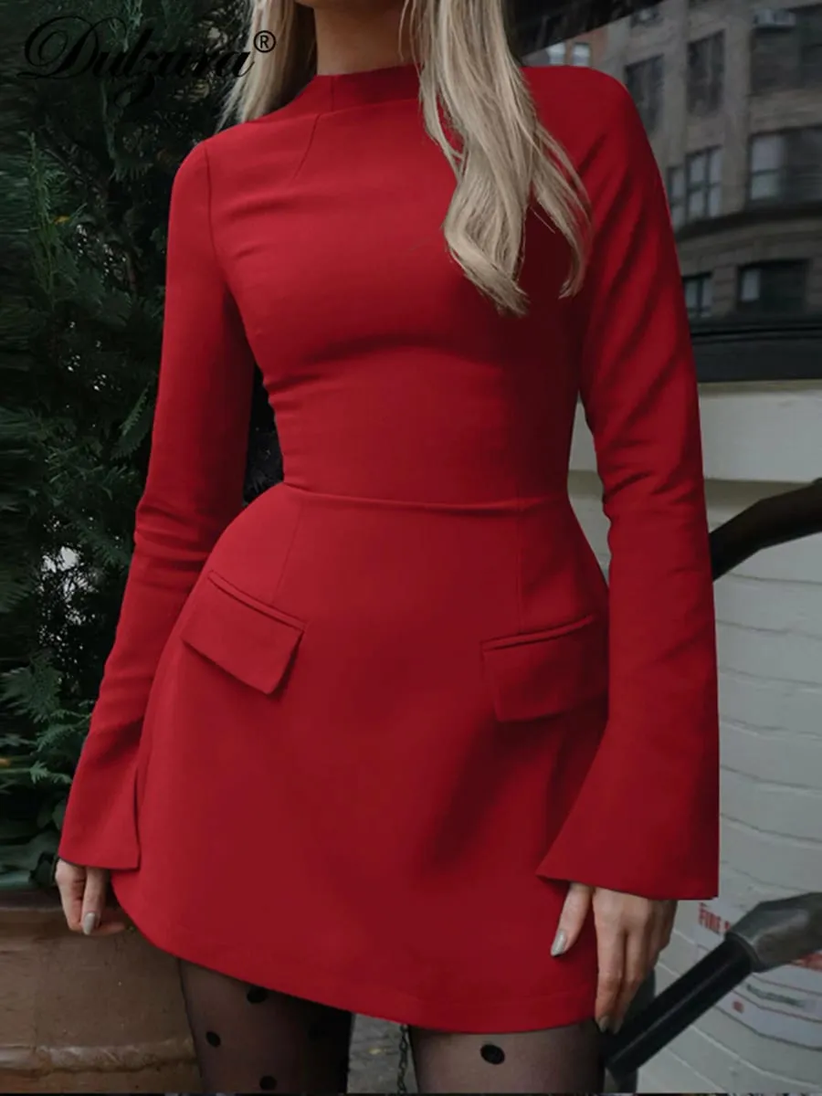 Dulzura Long Sleeves Zipper Bodycon Mini Dress With Pocket Solid Elegant Outfit Office Streetwear Women’S Autumn Winter Clothes — image 2