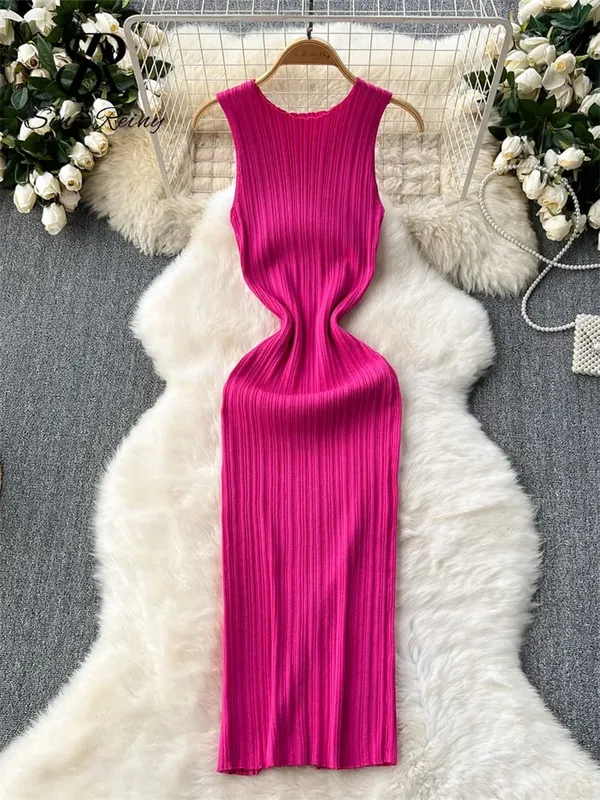 Pakaian Panjang Sarung Wanita O Leher Tanpa Lengan Pejal Berlipat Berkait Berkait Fesyen Elastik Bertali Elegan Pakaian Bodycon Seksi Retro — image 7