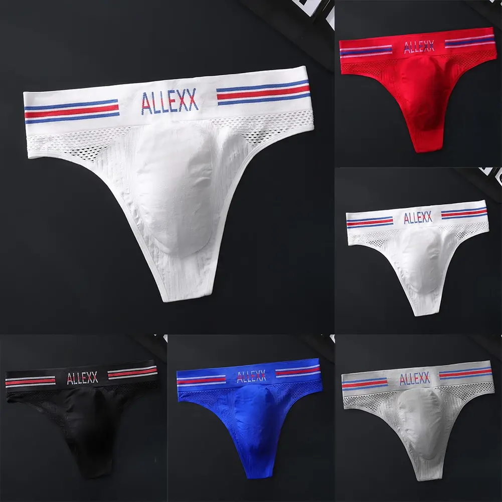 1pc Men's G-String Underwear 3D Bulge Pouch Striped Letter Printing Briefs Elastic Mesh Breathable Comfortable Thongs — image 15