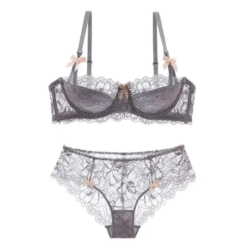 Set Bra Gadis Telinga Arnab Cup Pure Desire | Bra Tarik Atas dengan Bow | Bra renda Perancis bernafas | Malam Tarikh Cawan Anti-gelincir — image 1