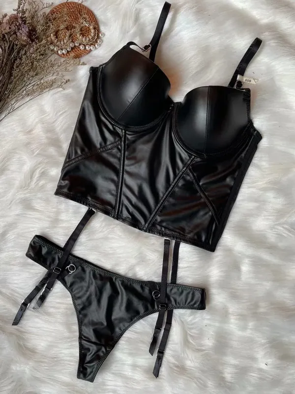 Wriufred Sexy brillant rassemblement soutien-gorge culotte ensemble en cuir petit os en forme de corps Shaper taille ensemble de sous-vêtements rouge Bralette
