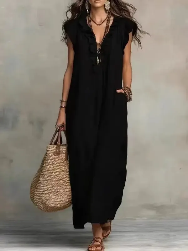 2026 Estate Donna Boho Cotone Lino Maxi Abito Tinta unita Ruffle Scollo a V Senza maniche Abiti lunghi larghi con tasche Casual Beach
