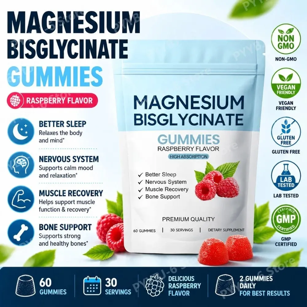 Magnesiumbisglycinatgummi Stöd daglig sömnkvalitet Hjälp upprätthålla nervsystemets hälsa Assist muskelåterställning 60 gummiklossar — image 1