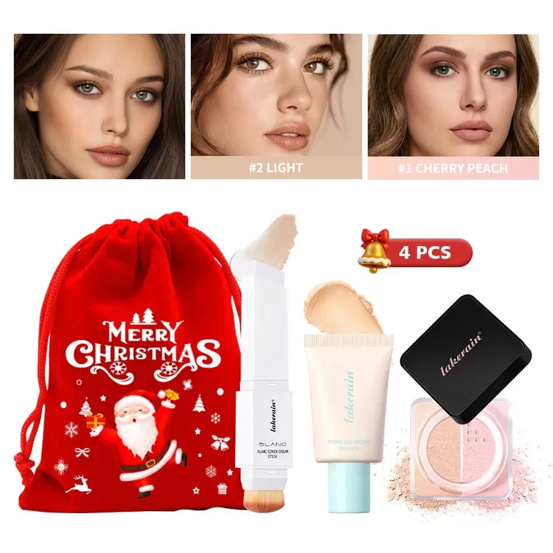 4 stk Ansigtsmakeup Sæt Foundation Stick Pore No More Primer Loose Setting Powder Langtidsholdbar mat Begynder Makeup Julegave — image 8