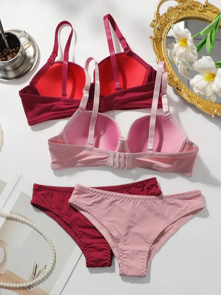2 แพ็คผู้หญิง Underwire Bra ชุด Push Up เสื้อยืด Bras กับกางเกงเซ็กซี่และสบายทุกวันชุดชั้นใน