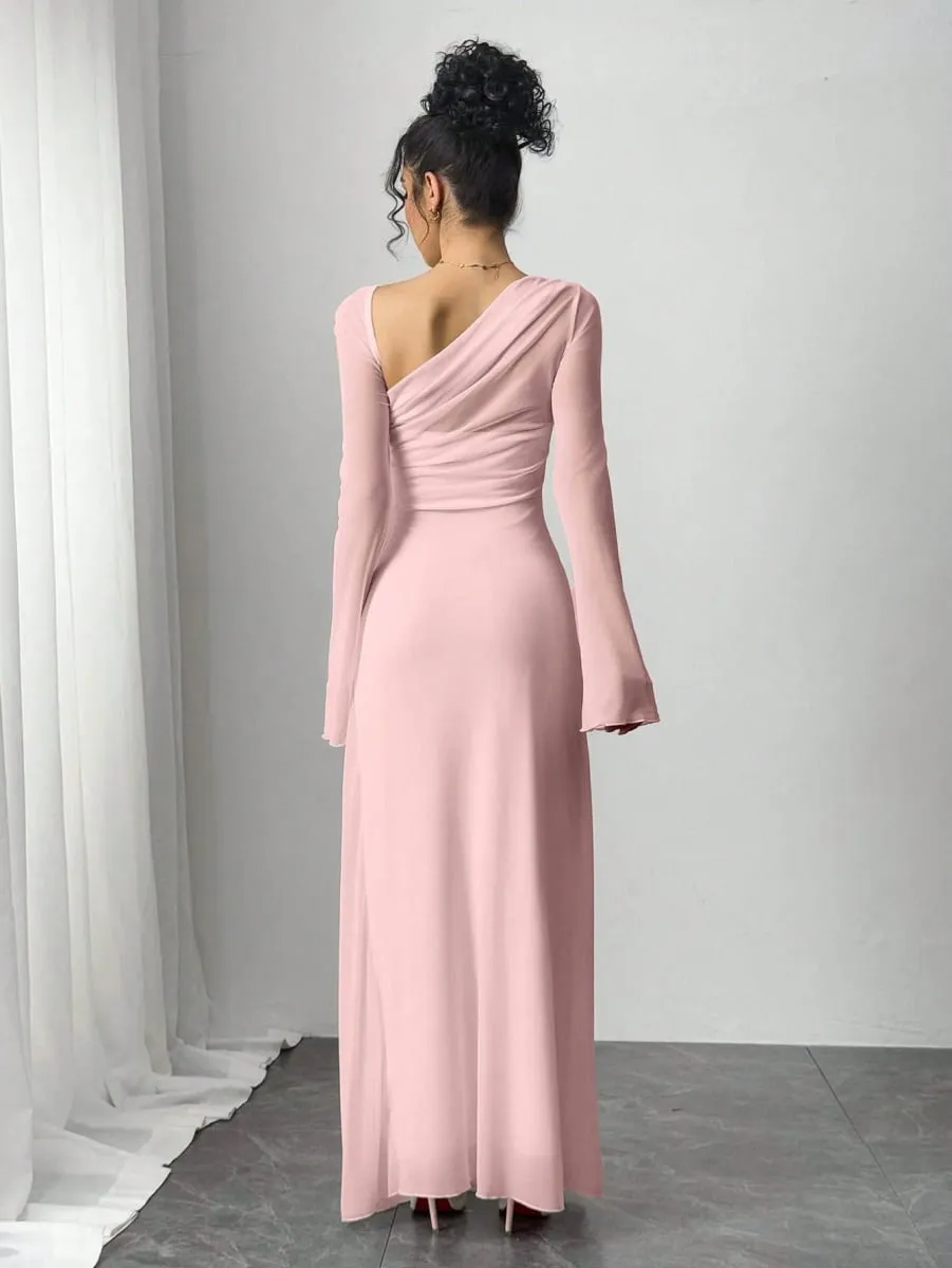 Nuovo abito ultra lungo da donna primavera/estate in tulle rosa esplosione slim con spalla diagonale irregolare — image 2