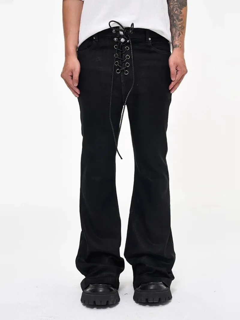 Vintage powłoka batikowa czarne dżinsy typu slim fit rozkloszowane elastyczność rozciągliwa wstążka Y2k Streetwear Casual obcisłe dżinsy z dzwonkiem — image 8