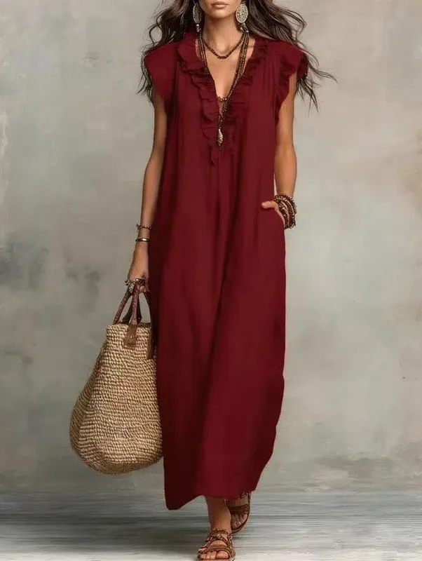 2026 Estate Donna Boho Cotone Lino Maxi Abito Tinta unita Ruffle Scollo a V Senza maniche Abiti lunghi larghi con tasche Casual Beach — image 15