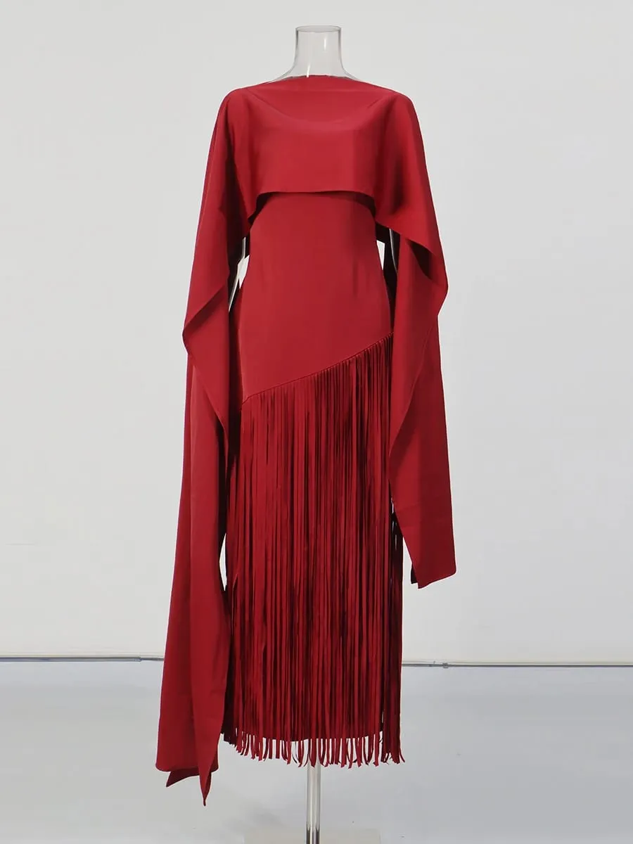 Gaun Chic Rumbai Sambungan Longgar Solid untuk Wanita Gaun Elegan Mewah Tanpa Lengan Leher O Fashion Musim Panas Wanita Baru — image 6