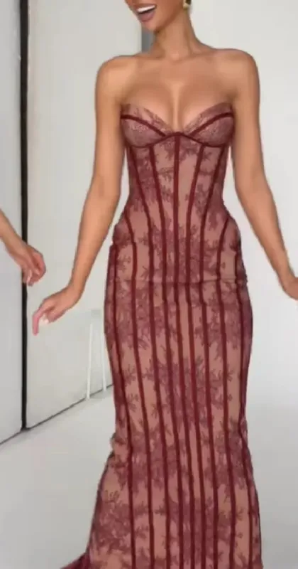 Elegante Chic Gaze Fishbone Party Kleid Off-schulter Liebsten Maxi Kleid Frauen Spitze Gestaltung Taille Vestidos 2026 Abendkleider