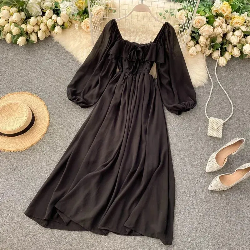 Chic Eleganter Platz Kragen Maxi Kleid Frauen Solide Chiffon Puff Sleeve Kleider 2026 Strand Party Robe Vintage Rüschen Vestidos Y2k — image 4