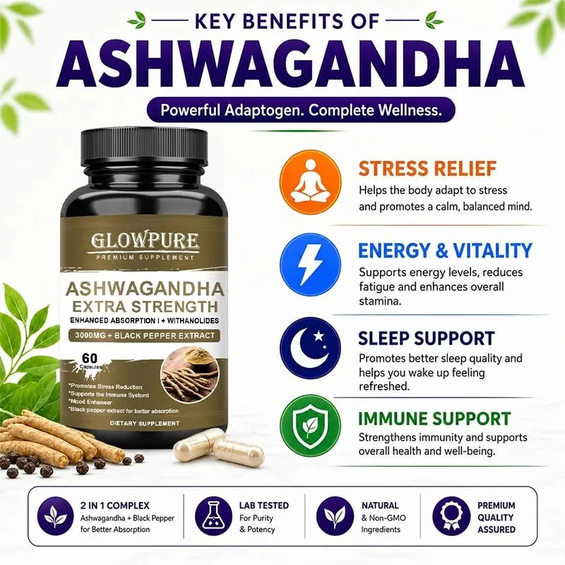 Capsules d'extrait de racine d'Ashwagandha pour l'humeur, le stress, la santé, le sommeil, le calme du cerveau, soutien énergétique, formule premium sans OGM — image 4