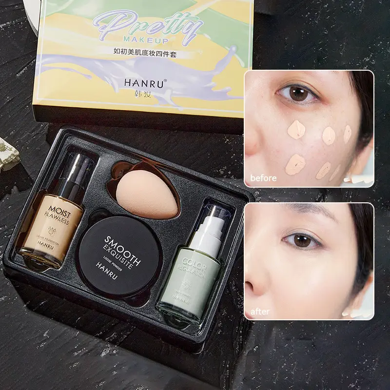 Base at makeup set 4-piece combo pack concealer foundation primer loose powder light makeup para sa natural na hitsura — image 2