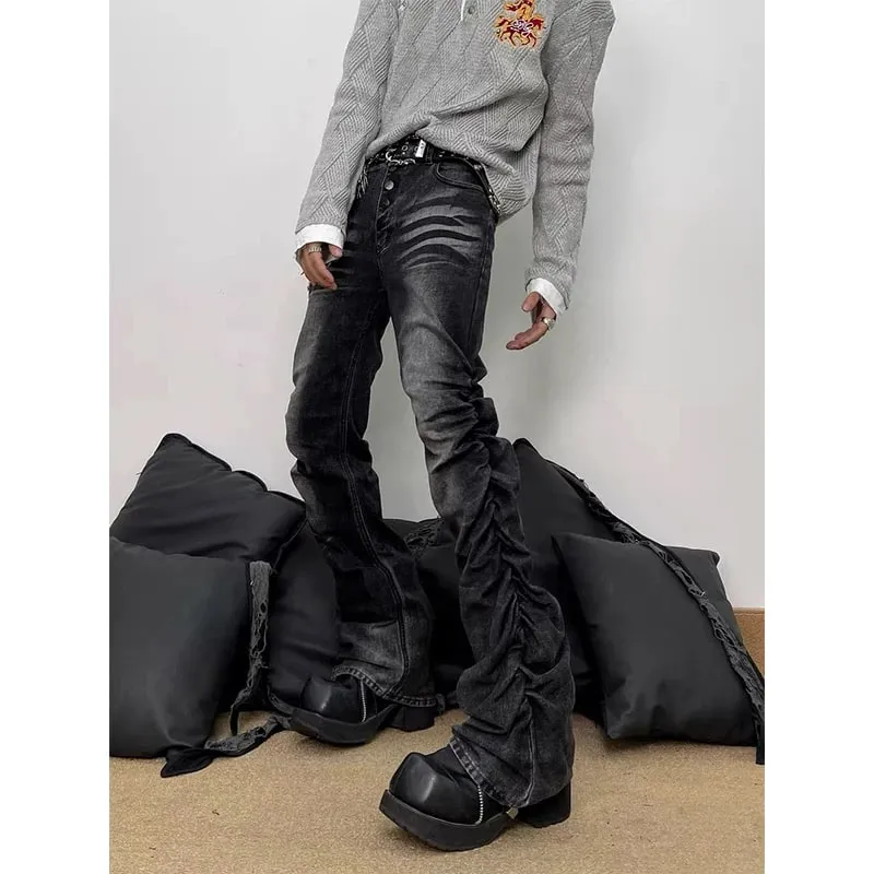 ฤดูใบไม้ผลิผู้ชาย Flare กางเกงยีนส์ Cargo สีดำ Harajuku ญี่ปุ่น Low Rise Denim กางเกง Abi Y2k กระดิ่งด้านล่างอเมริกัน Retro Gyaru bootcut ใหม่ — image 2