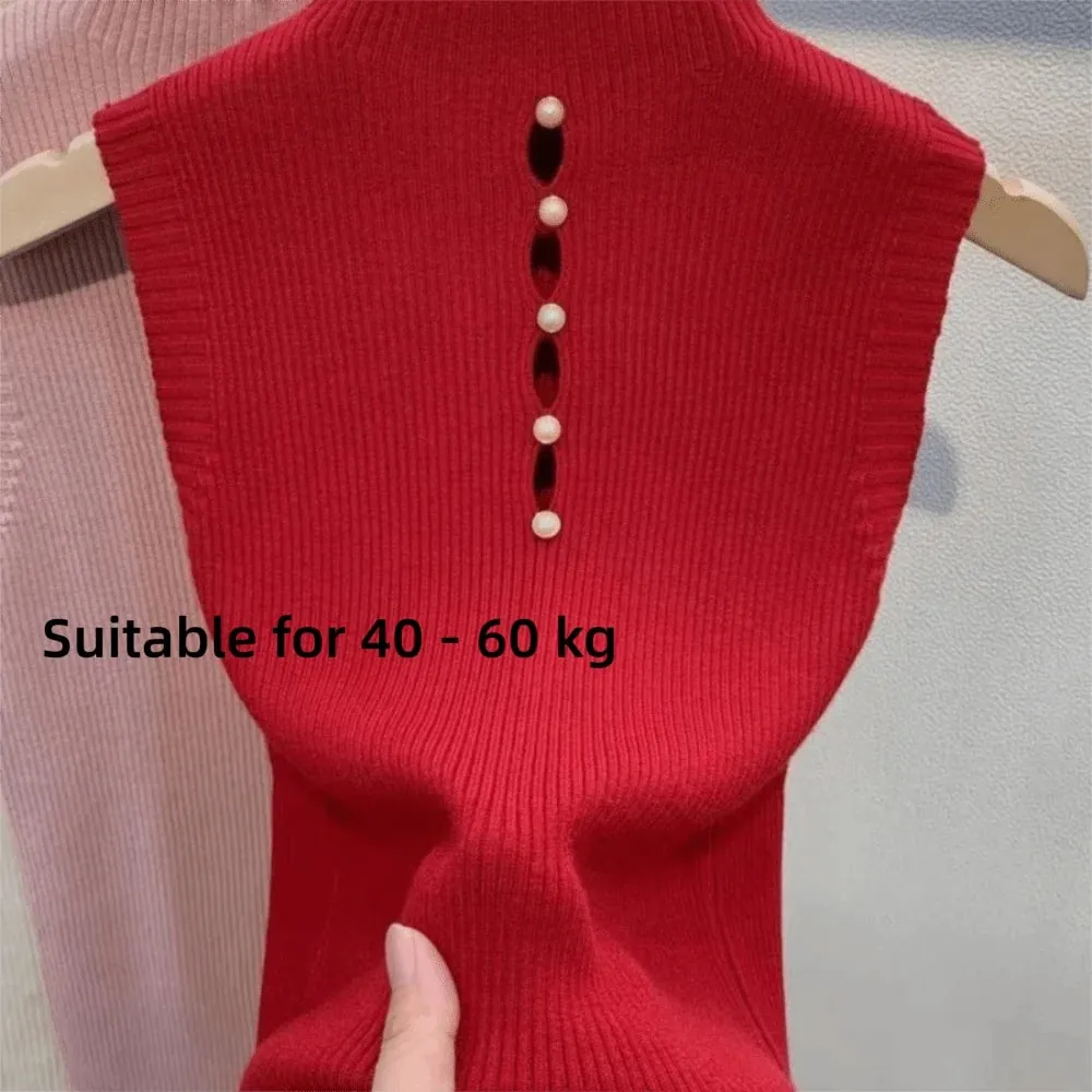 Rompi Rajut Warna Solid Elegan Kaus Pelangsing Tanpa Lengan T-Shirt Tank Top Setengah Turtleneck Wanita — image 7