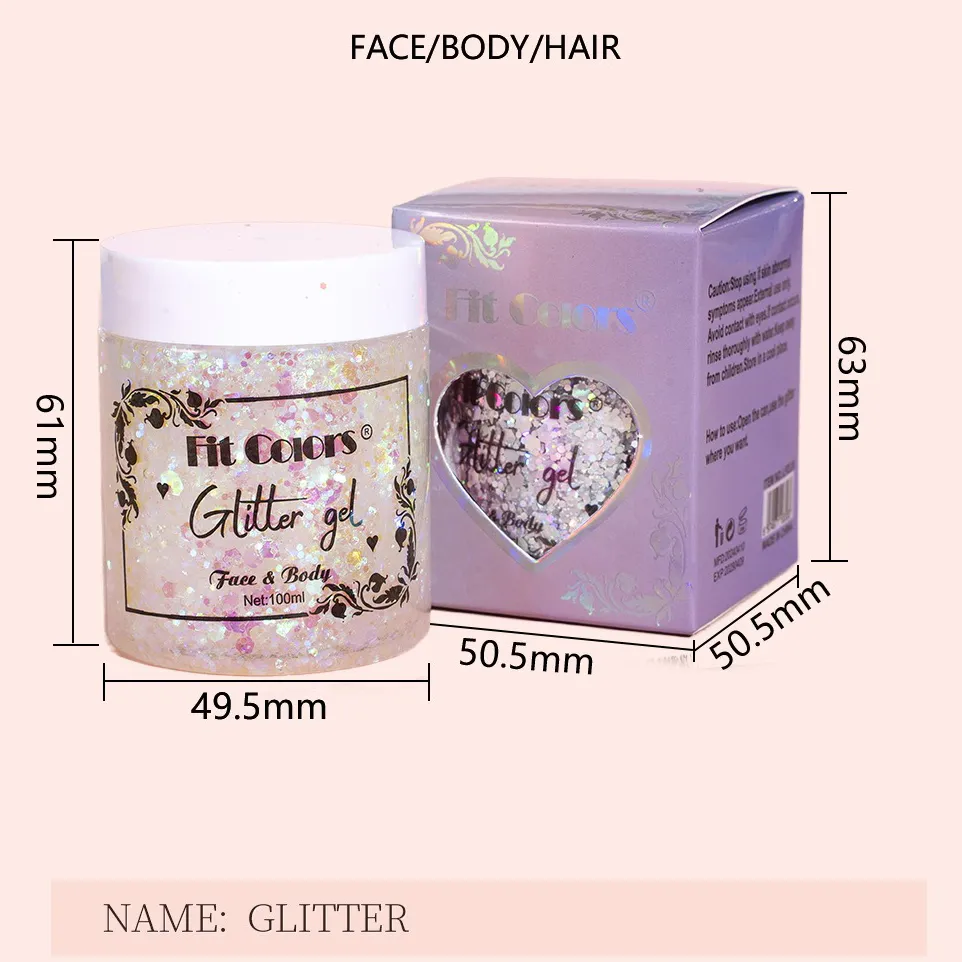100 ml Glitter Gel Øjenskygge Flydende ansigtskrop Large Pailletter Gel Multifunktionel Farverige Løse Pailletter Creme Festdekoration