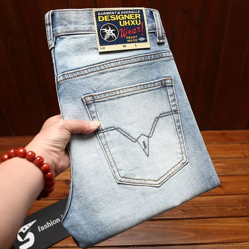 Seluar jeans bercetak bergaya untuk lelaki retro biru anjal slim fit kaki kecil fesyen jalanan seluar kasual denim mewah — image 5
