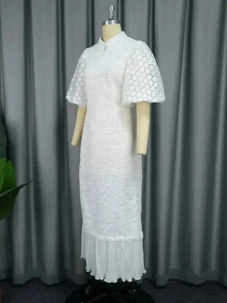 Gaun Renda Putih untuk Wanita Tetamu Perkahwinan Kolar Turn Down Elegan Lengan Puff Labuh Berlipat Gaun Midi Pakaian Acara Mewah — image 3
