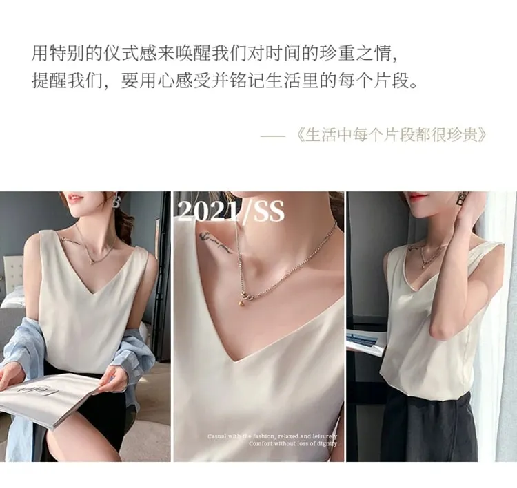 Penggantung Sutera Wanita Rompi Satin Pejal Musim Bunga Musim Gugur 2022 Atasan Pullover Liar Baharu Wanita Dalaman Depan/Belakang V-Leher Nipis Musim Panas — image 9