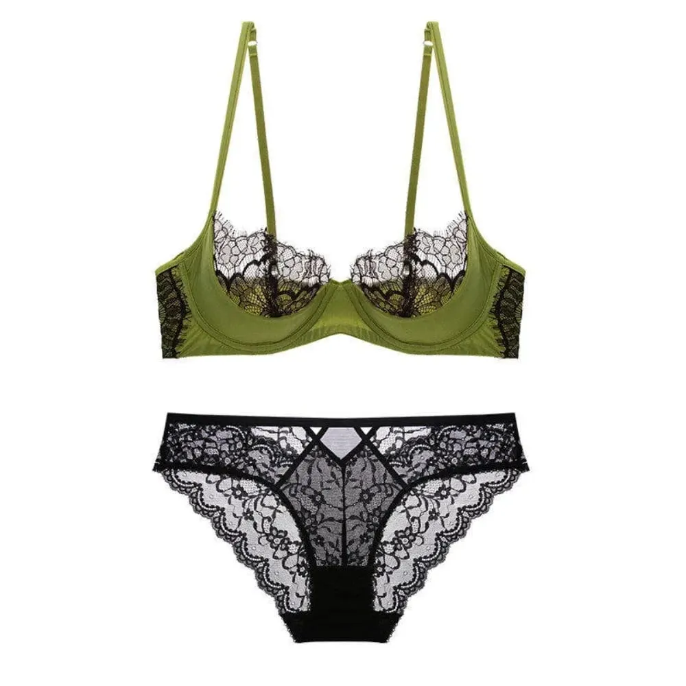 Plus Size Half Cup Sheer Lace Bra Set Ultra Thin Minimizer Underwire Lift Support Breathable Large Cup Matching Underwear Set — image 6