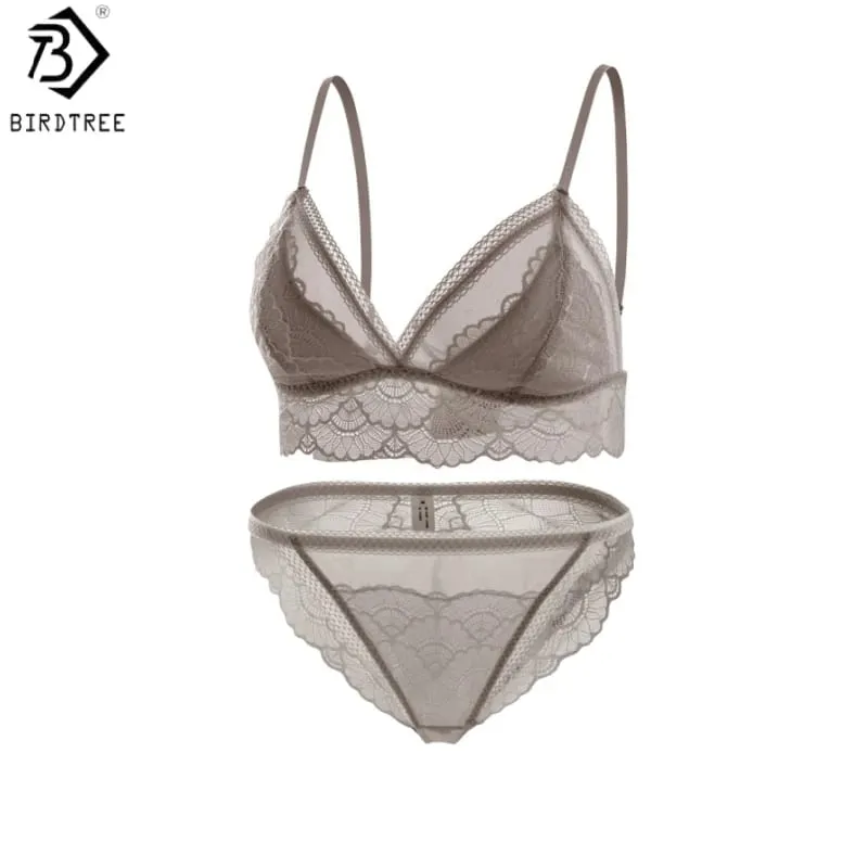 Birdtree Bra Sutra Asli Set Singkat Pakaian Dalam Cup Segitiga Wanita Set Elegan Renda Singkat Pinggang Rendah 2026 Musim Semi Baru A61815JF — image 1