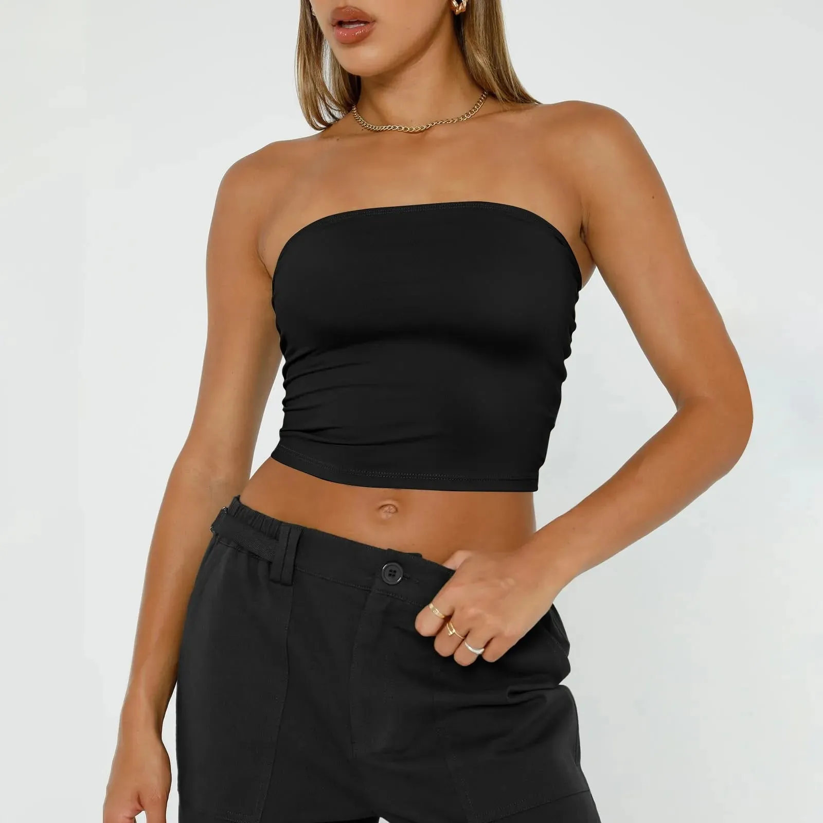 Trägerloses Crop-Top für Damen, Basic, rückenfrei, ärmellos, Bandeau, niedlich, sexy Tops, Trend, Street-Fashion, klassisch, einfarbig, Röhren-Tops