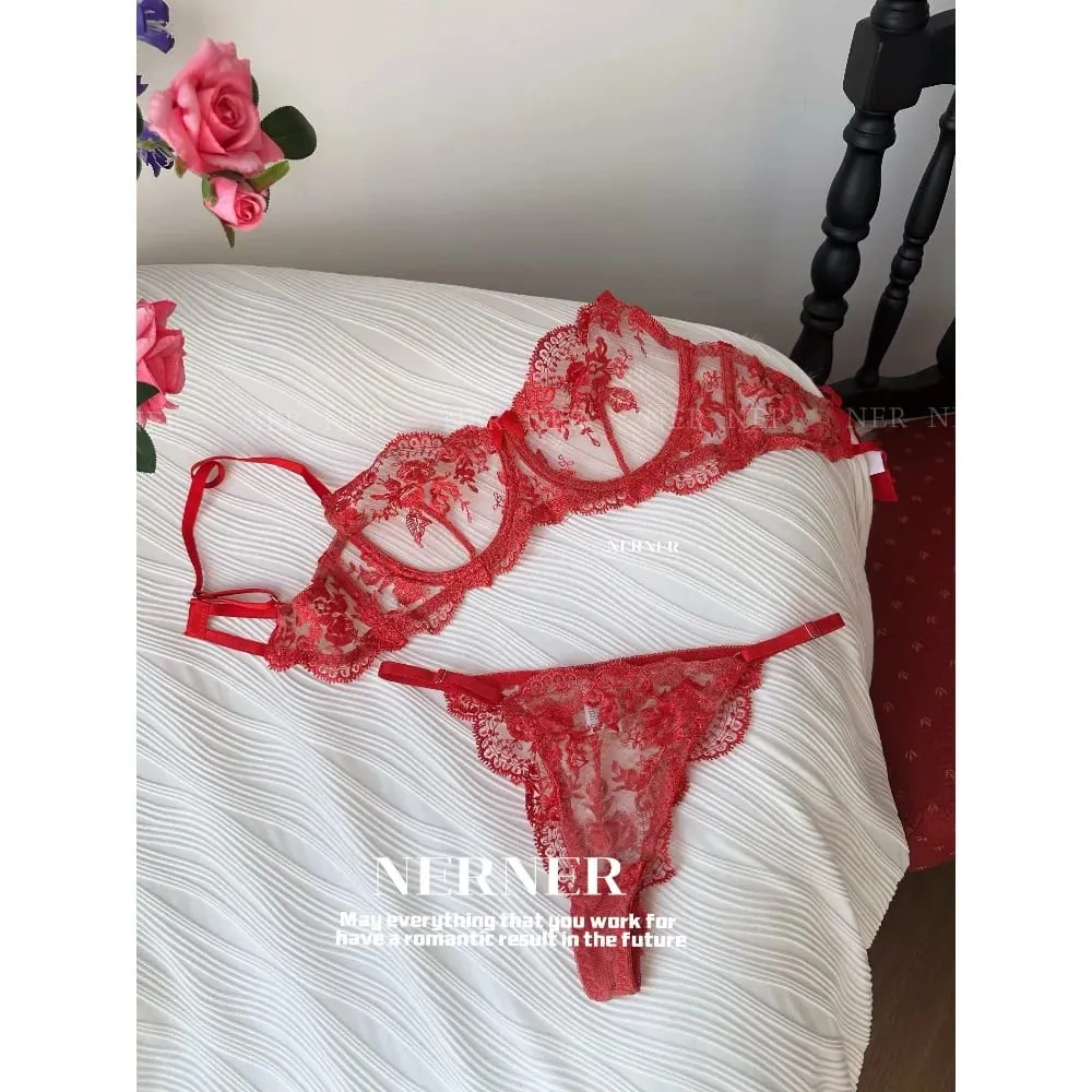 Französischer Stil Mesh-Stickerei-Spitzen-BH-Set mit Bügel, leicht transparenter dünner Dessous-Minimizer-BH für große Büste S-XL — image 2