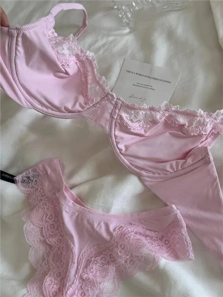 Pink Unlined Full Cup Bra Set Underwire Lace Trim Lift Comfortable Minimalist Seamless Skin-friendly Everyday Bras and Panty — image 2