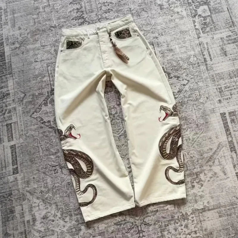 Dạo Phố Retro Rắn Quần Jean Boa Thêu Đồ Họa In Trăn Túi Quần Denim Y2K Xu Hướng Unisex Quần Baggy Ống Suông Quần
