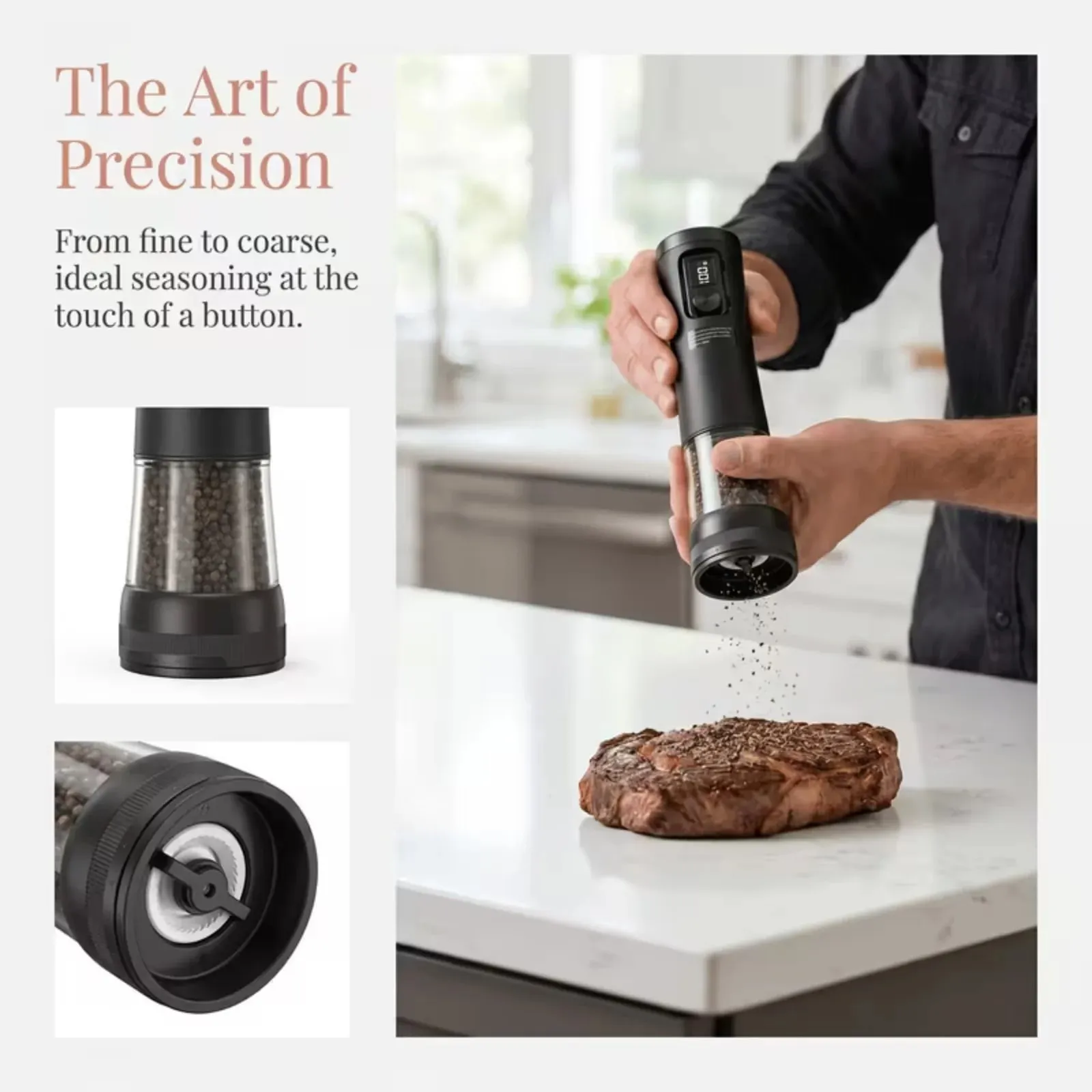 Electric Salt And Pepper Grinder Set Dual-Speed Adjustment Stainless Steel Rechargeable Automatic Pepper Grinder Jar With USB Charging Base Large 3.38 Ounce Capacity External Adjustable Coarseness LED Light. — image 3
