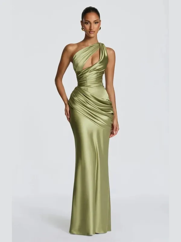 Cetim um ombro recorte vestido longo feminino elegante sólido ruched sereia ajuste fino flowy vestido 2026 senhora vestidos de noite verão
