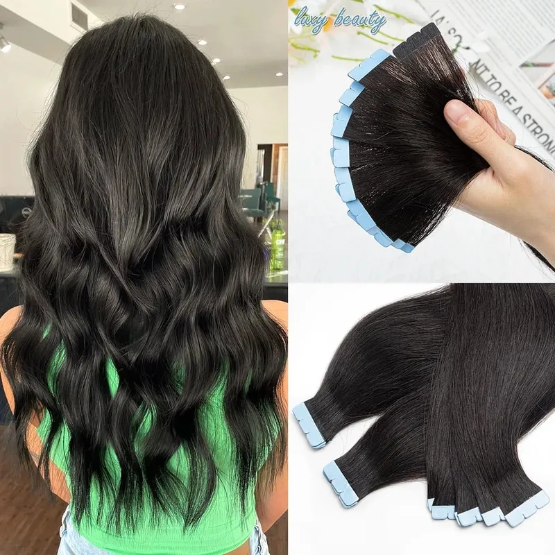 Pita Mini dalam Sambungan Rambut Manusia Sebelah Dua Pita Lancar Tidak Kelihatan dalam Rambut 10pcs/set Asli Lurus Hitam Coklat Berambut perang — image 9