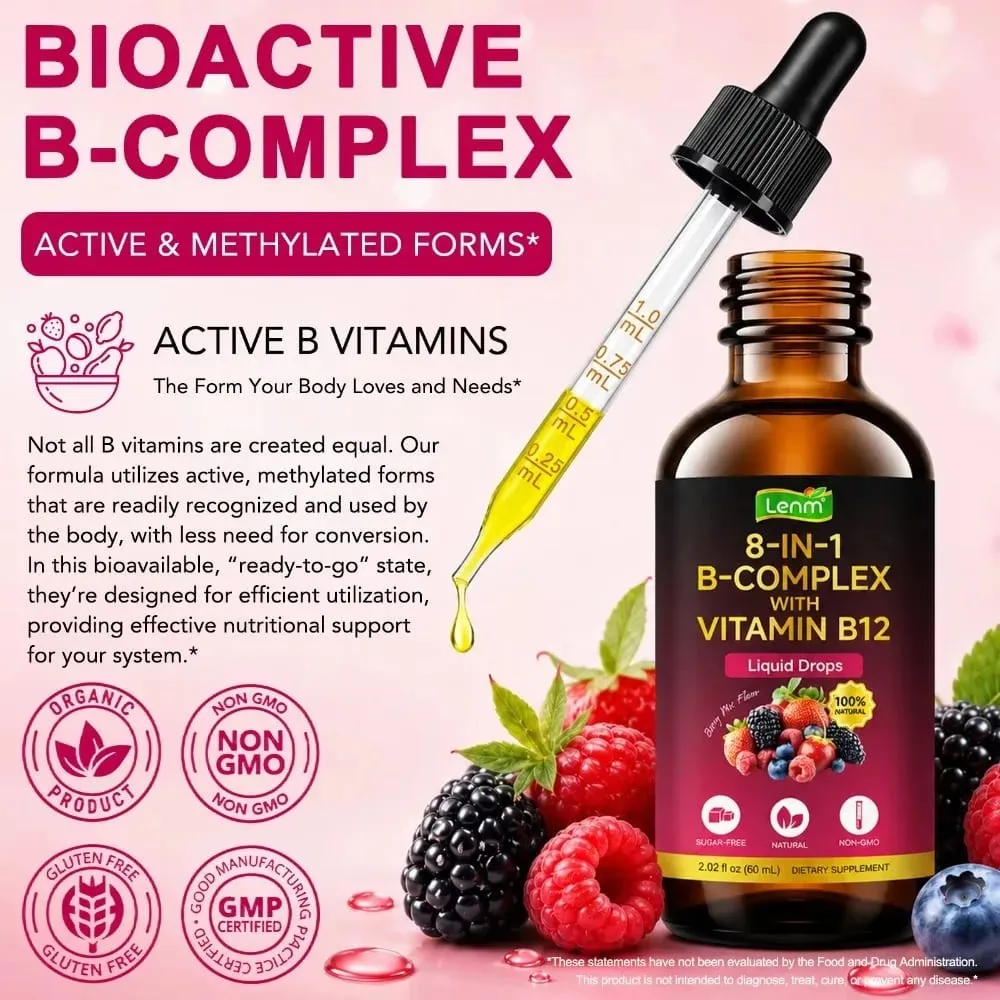 Lenm B Kompleks Sıvı Damlaları 8'i 1 arada B12 ile 2000mcg B1 B2 B3 B5 B6 B7 Enerji ve Metabolizma Desteği için Folat Şekersiz 60ML — image 5