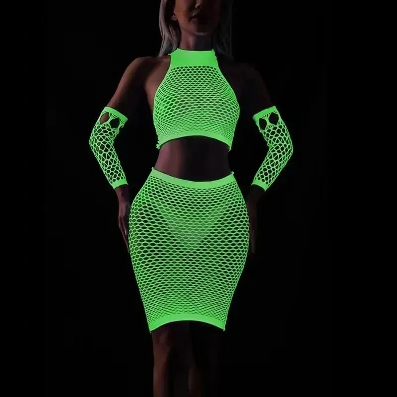 Fishing Net Transparent Women's Sexy Two Piece Set Fluorescent Open Crotch Bodystockings Dacne Party Club Luminous Sex Clothes