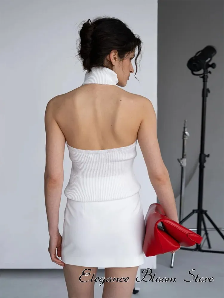 Débardeur sans manches en tricot de couleur unie pour femmes, col haut, dos nu, légèrement ajusté, gilet court, mode quotidienne minimale, tenue décontractée — image 4