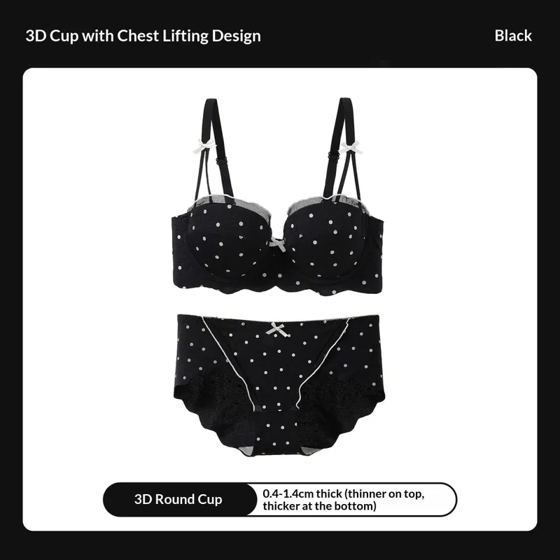 Zweiteiliges Set mit gepunktetem Spitzen-BH, kleine Brust, Raffung, Anti-Sagging-Seitenbrust-Kollektion, bequemes, kabelloses Dessous-Set