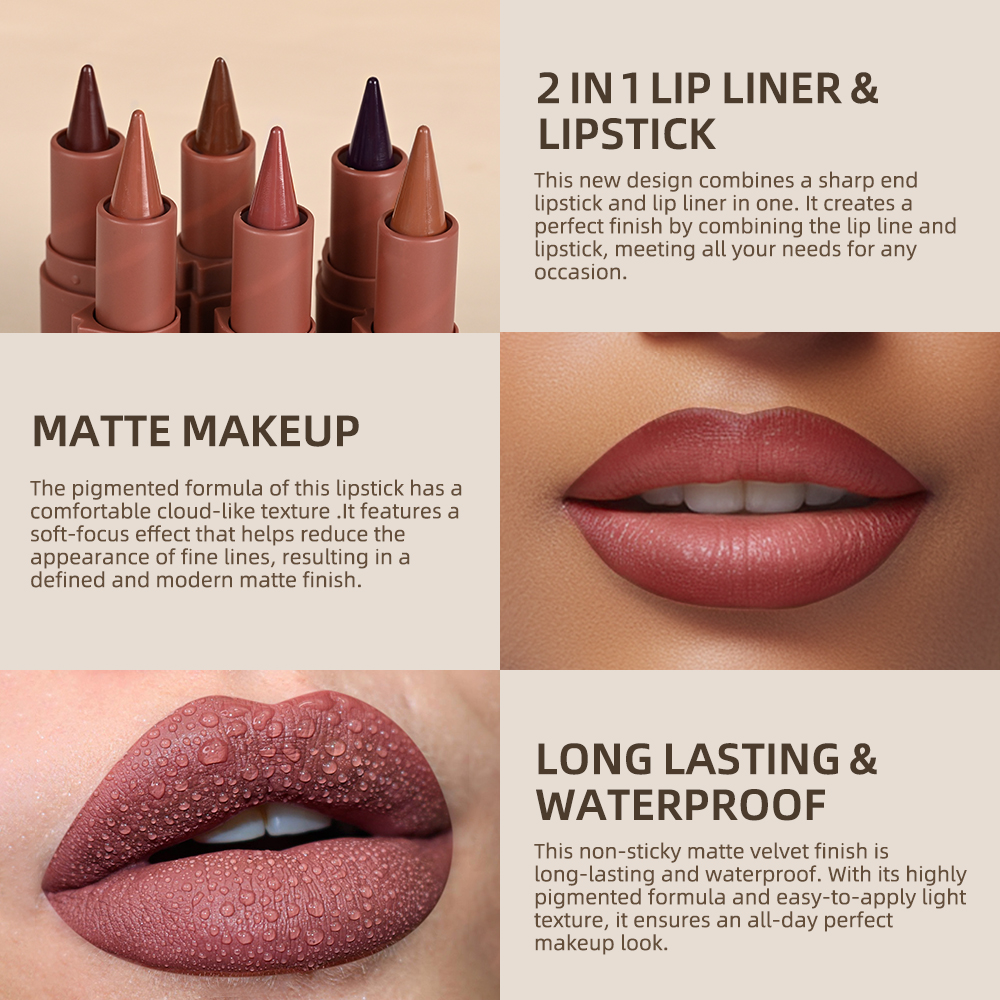 2Pcs Lip Liner & Lip Gloss Set Matte Black Brown Velvet Lipstick Waterproof Non-sticky Contour Lipliner Crayon Lip Makeup Tint — image 7