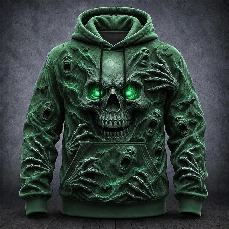 Men's Autumn Winter Halloween Hoodie Casual Pullover with Spooky Skull Print Loose Fit Festive Street-Style Top for Parties — image 10