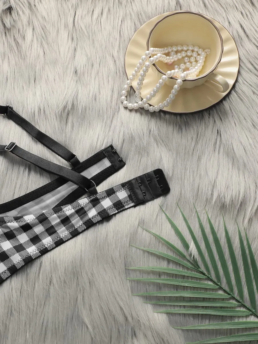 Women's lingerie set with black and white checkered pattern and steel ring gathering push up sexy bra set B1121 — image 5