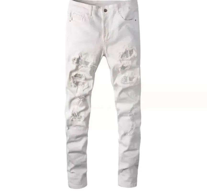 Diamant-besat vasket Ripped Patch Patchwork Hot Diamond Jeans Beggar Pants Mænd — image 7