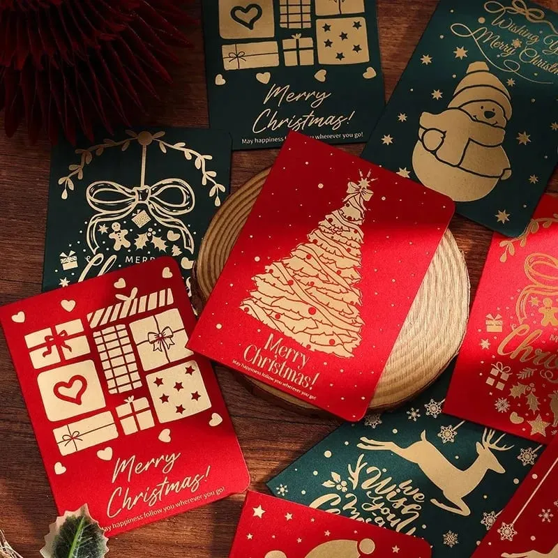 10 Adet Vintage Altın Folyo Noel Katlanır Tebrik Kartları Çok Desen Nimet Tatil Kartları Yeni Yıl Kartpostal Hediye Kartları