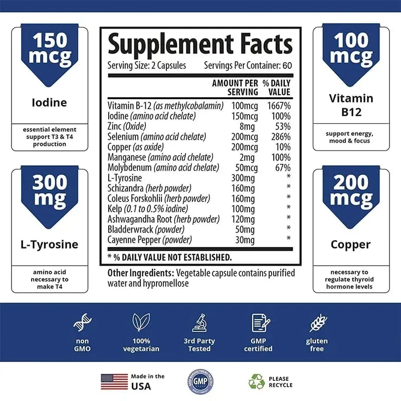 Thyroid supplement rich in iodine vitamin B12 zinc selenium promotes thyroid health and relieves fatigue — image 6