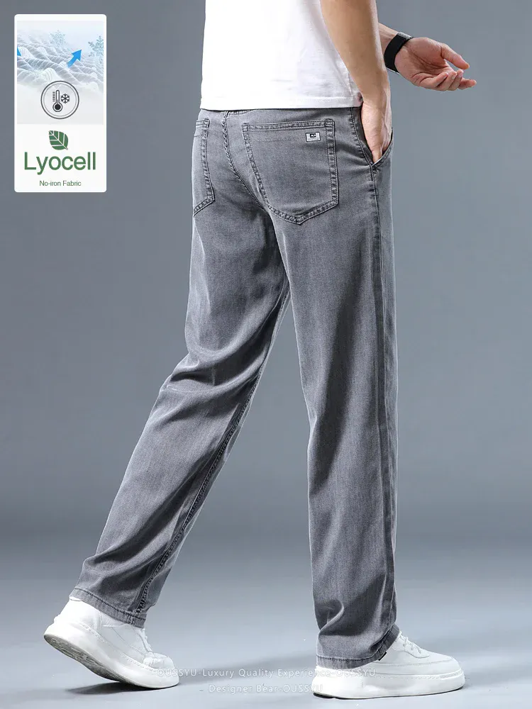 Jeans dritti larghi da uomo sottili estivi Pantaloni casual da lavoro in Lyocell morbido drappeggio Pantaloni di seta grigio fumo Plus Size 40 42