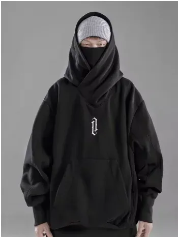 Embroidery Turtleneck Sweatshirt Oversized Y2K Men Women Hoody Japanese Ninja Hoodies Autumn Hip Hop Fleece Pocket Streetwear