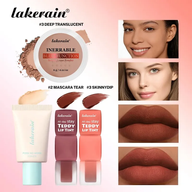 4 teile/satz Pore No More Primer + Lippentönung + Lose Abbindepuder Make-up-Set Matte Langlebige Wasserdichte Wirkung Reise Tragbar — image 8