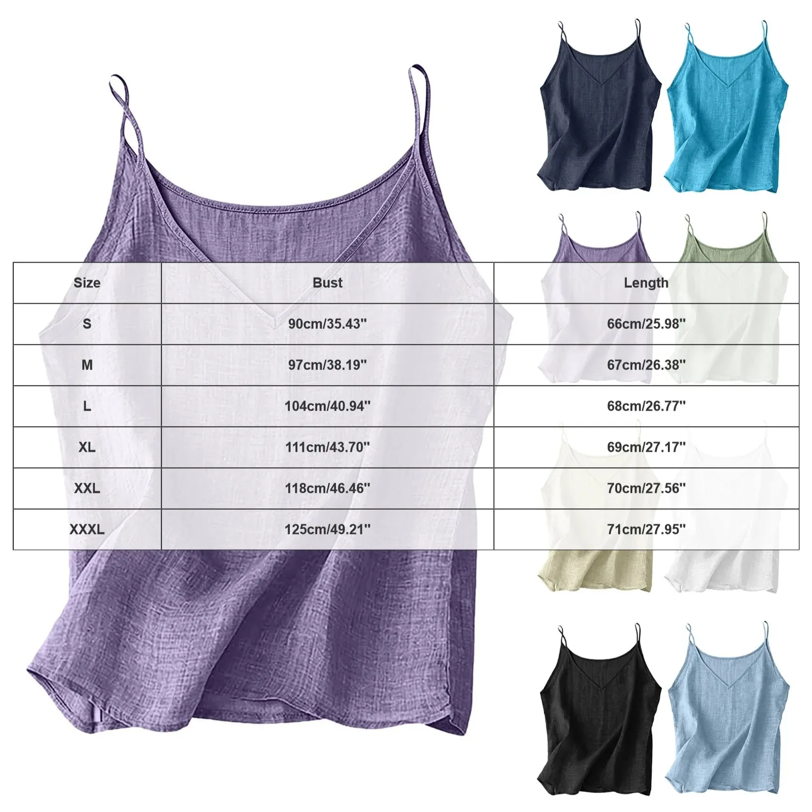 Tank Top Tali Spaghetti Linen Katun Wanita Atasan Pantai Musim Panas Kamisol Tanpa Lengan Kasual Ringan Longgar Warna Polos Leher V — image 7