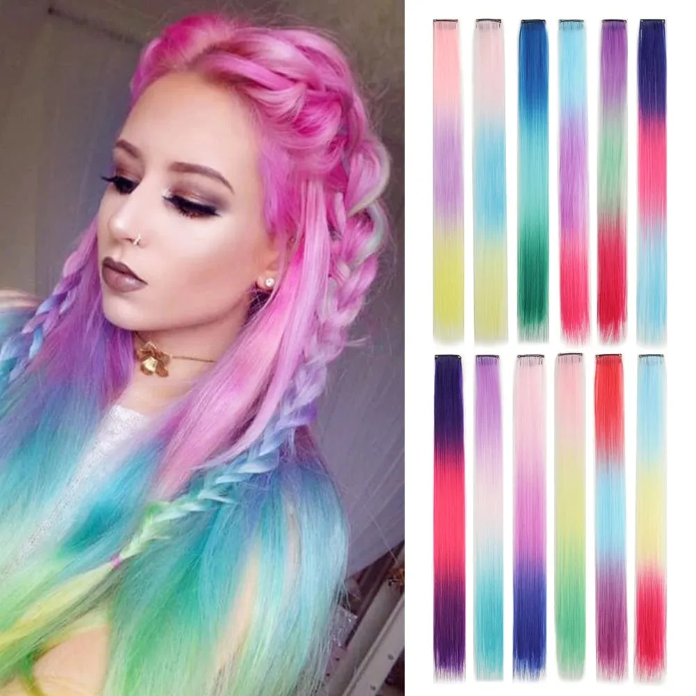 5 stks/set Clip in Hair Extensions Synthetische Haarstukjes Gekleurde Party Hoogtepunten voor Meisjes 18 inch Multi-kleuren Steil Haar — image 2