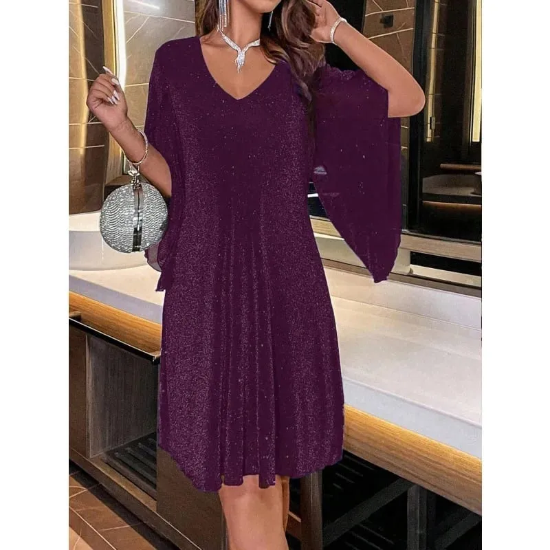 Heldere Sequin Jurken Vrouwen V-hals See Through Chiffon Patchwork Onregelmatige Halve Mouwen Losse Mini Jurk Vrouwelijke Vestidos 2024 — image 11
