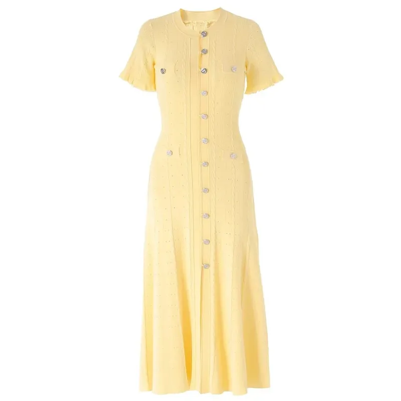 Vintage-Midikleid mit Zopfmuster, Knopfleiste vorne, Rüschen, kurze Ärmel, Taschendesign, elegantes, legeres Party-Strickkleid — image 5